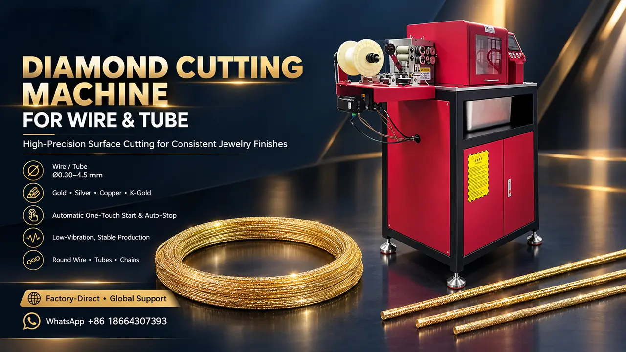 SIBLE wire and tube diamond cutting machine for precision gold and silver wire surface processing, supporting diameters from 0.3 mm to 4.5 mm.